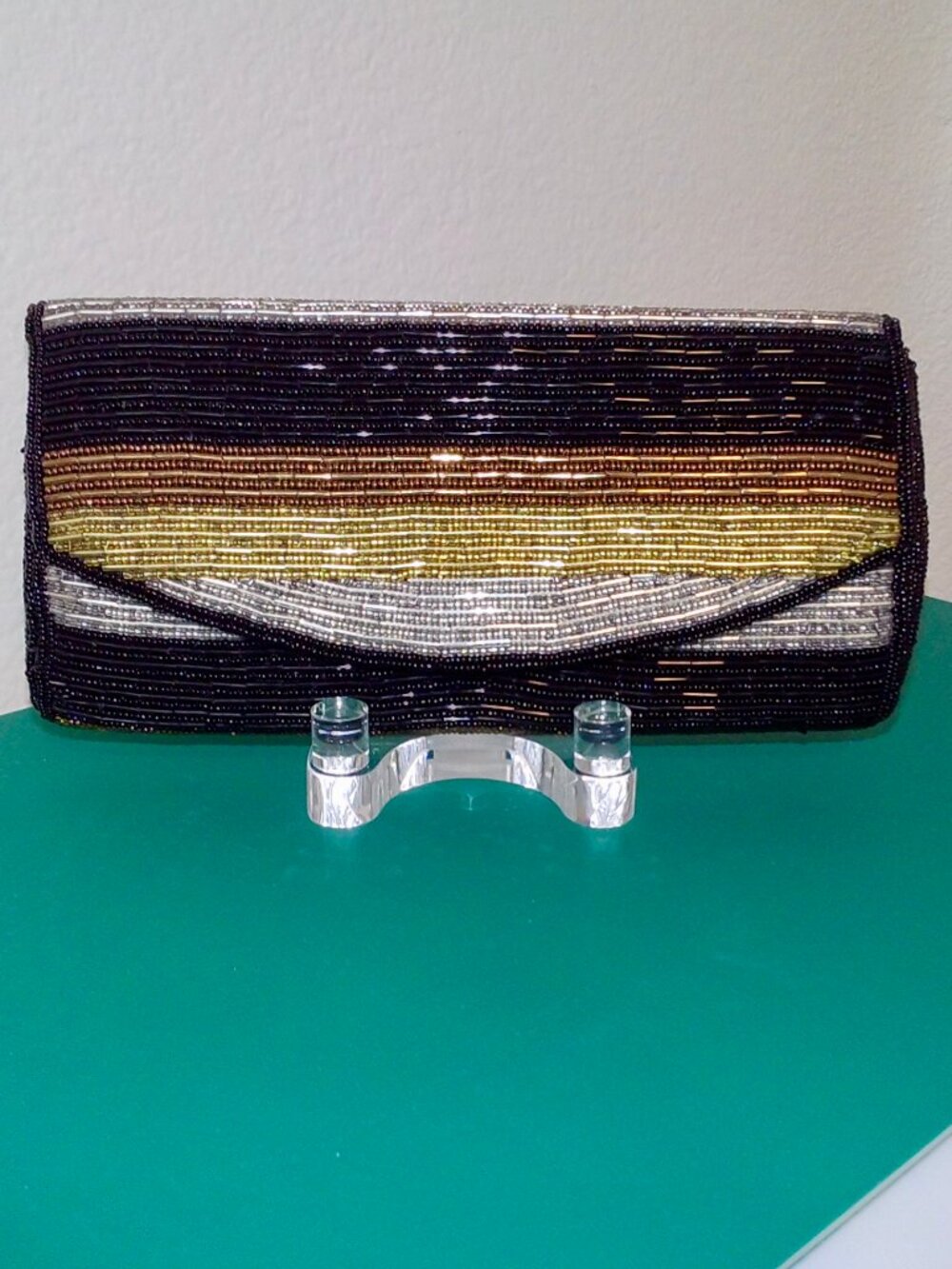 Vintage! 1960s Beaded Striped Clutch - Gold Silver Brown Black - Kenzar Ltd HK